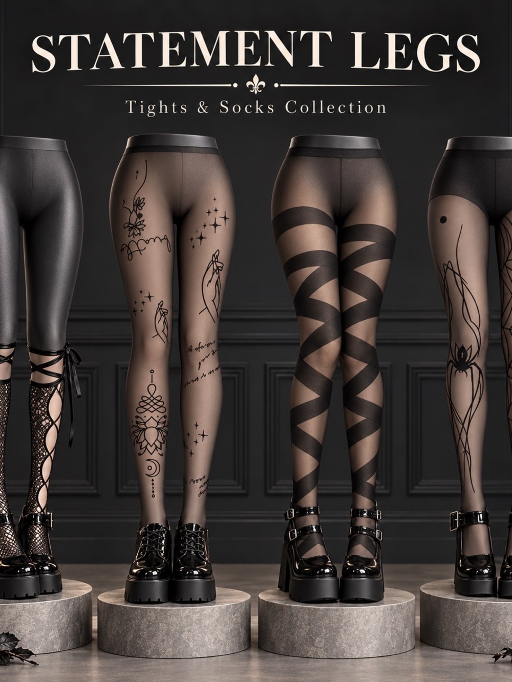 Women's Black Patterned Tights & Socks- Designer Collection